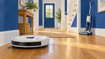 Illustrasjon av en robot og en håndført gulvvasker i en gang.